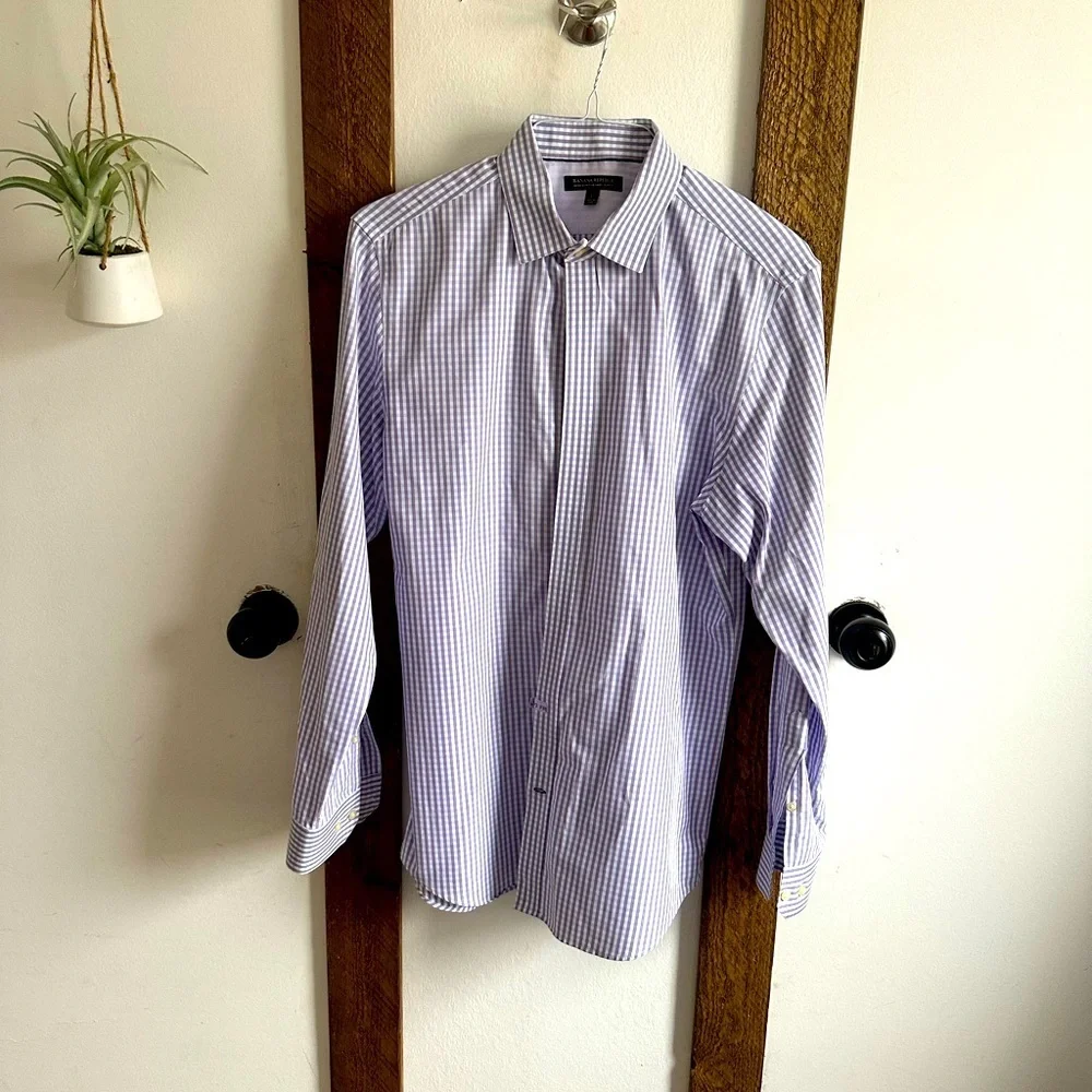 Banana Republic Men Large Non-Iron Slim Fit Long Sleeve Purple Blue Check Shirt